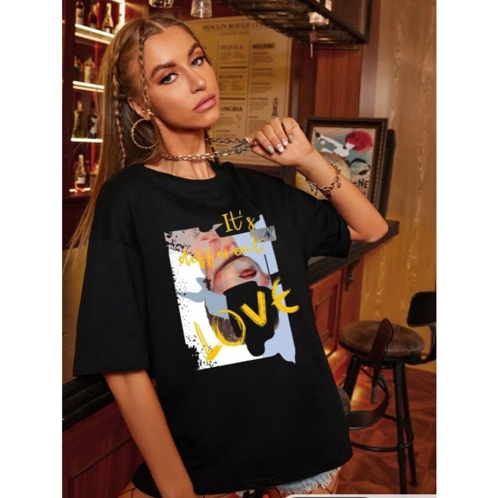 SHEIN It's Different Love Slogan Graphic Drop Shoulder Oversized Shirt Small - Picture 4 of 10